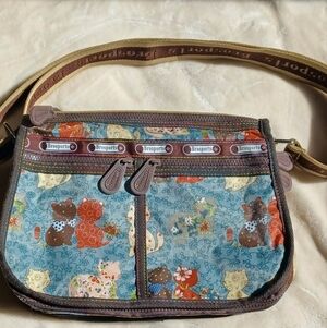 Brosports lovable cats purse lots of pockets  zippers blue patchwork cat bag
